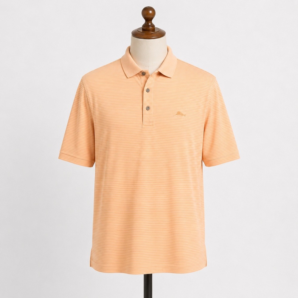 Tommy Bahama Mens XL Polo Shirt Apricot Orange Striped Modal Blend Short Sleeve